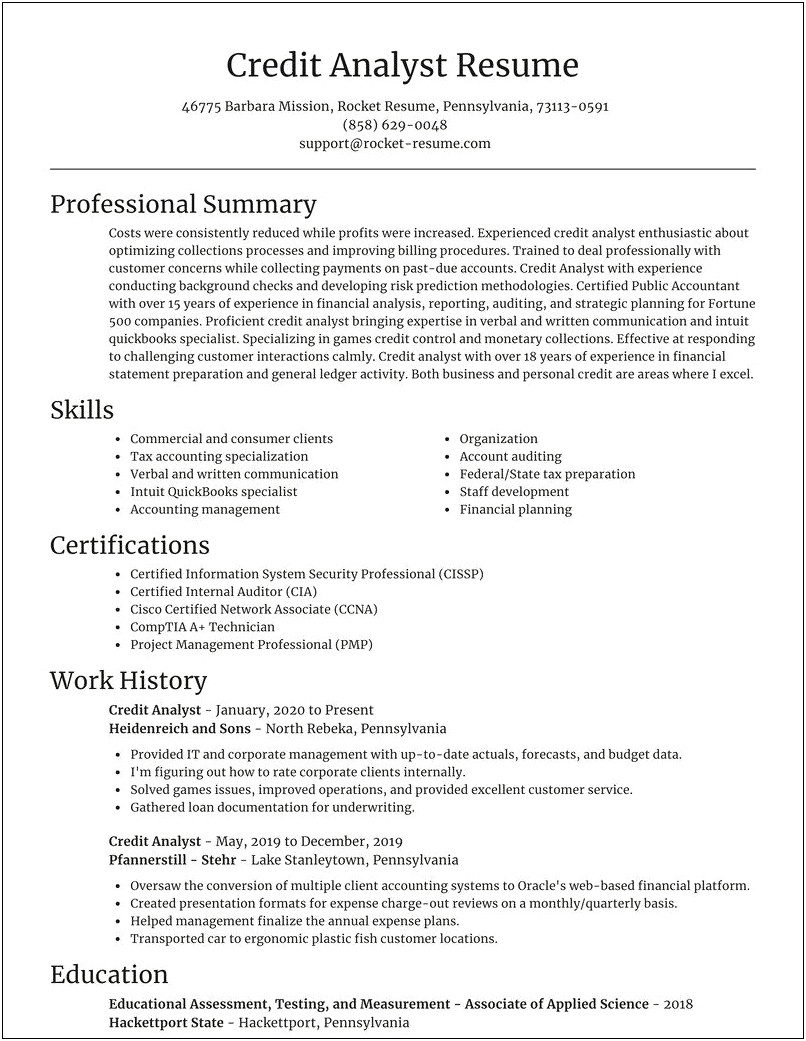 Credit Analyst Resume Job Description