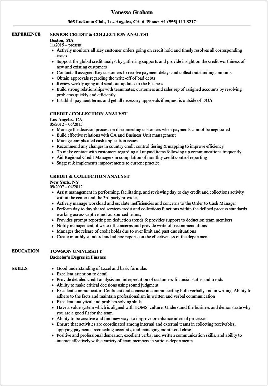 Credit And Collections Analyst Resume Sample