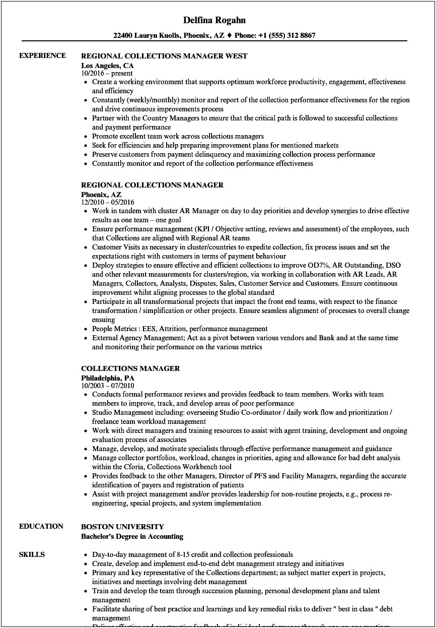 Credit And Collections Manager Resume Sample