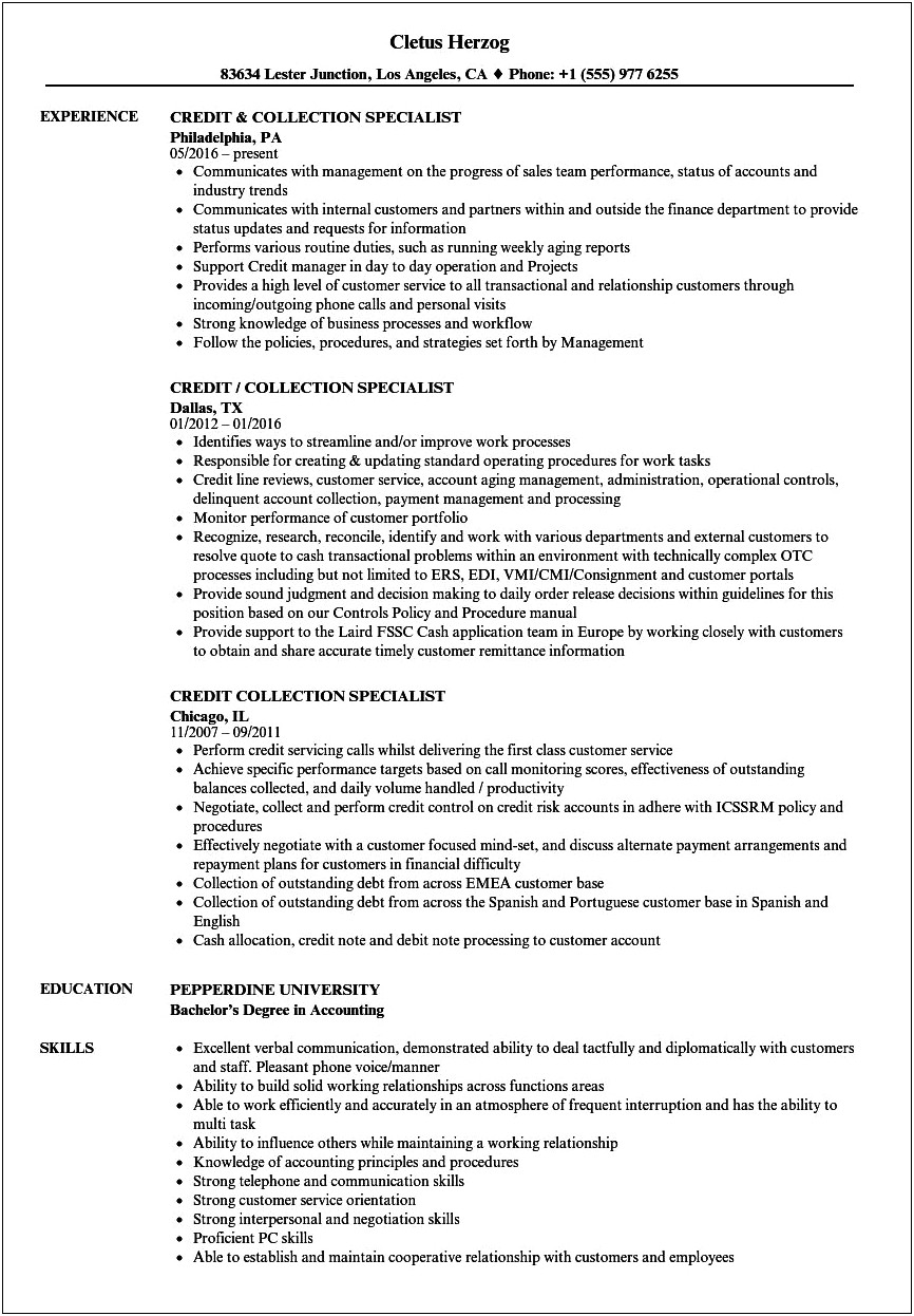 Credit And Collections Manager Resume