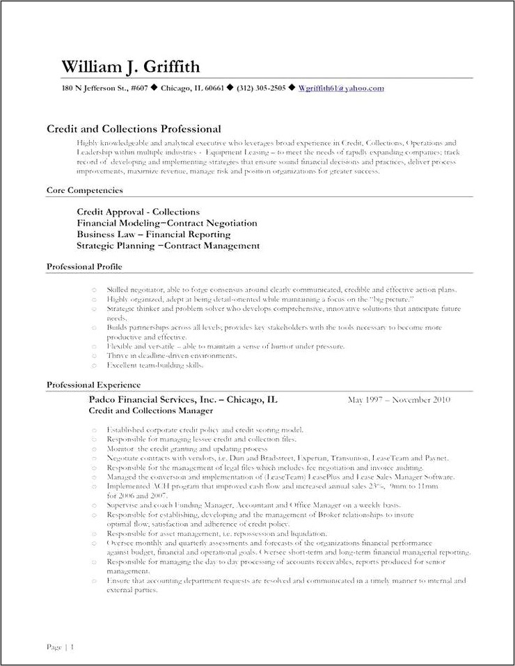 Credit And Collections Resume Samples