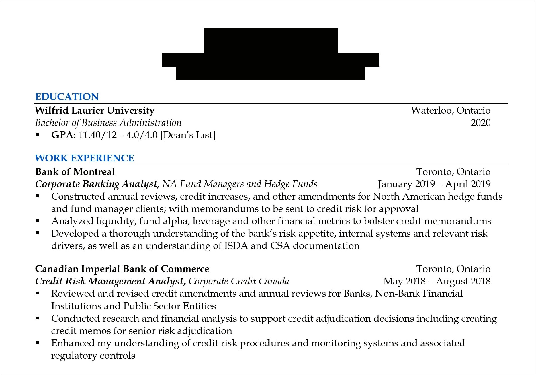 Credit Risk Management Business Resume
