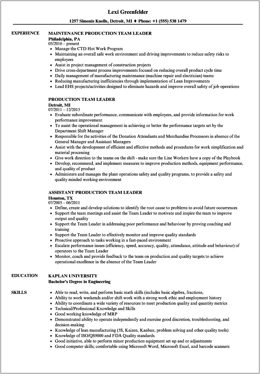 Crew Leader Job Description For Resume