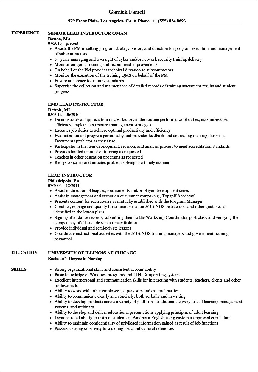 Crew Trainer Job Description For Resume
