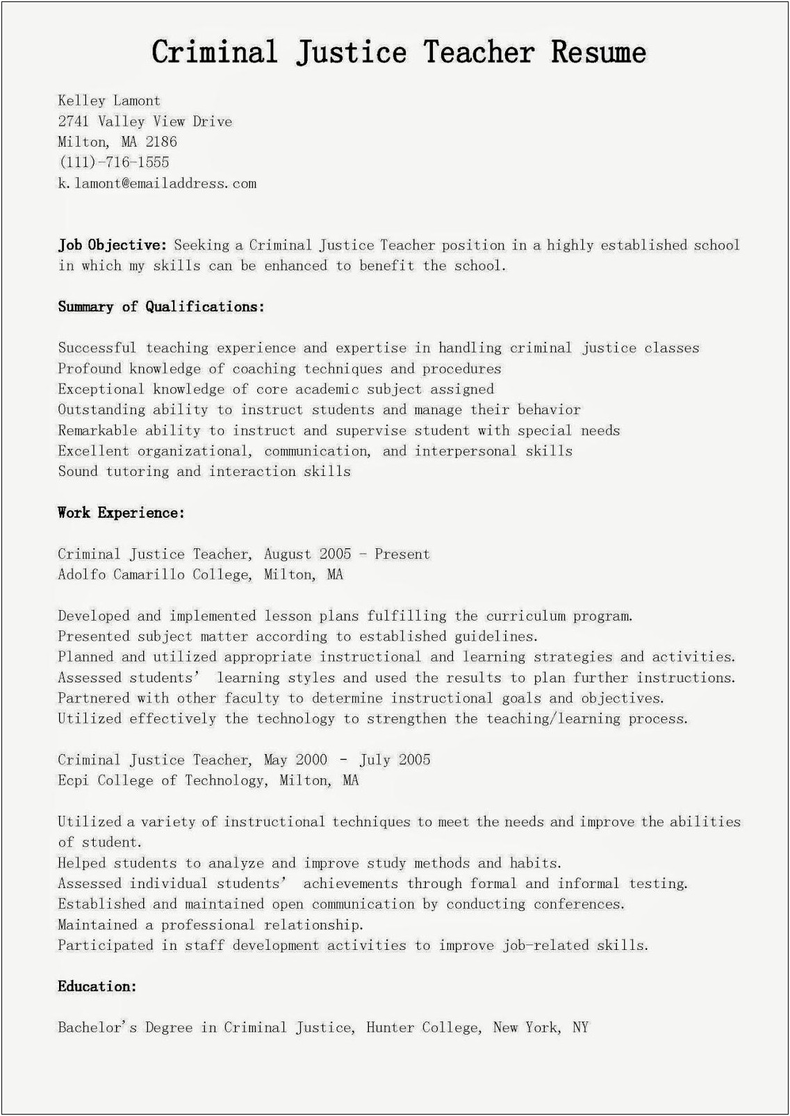 Criminal Justice Career Objective Resume