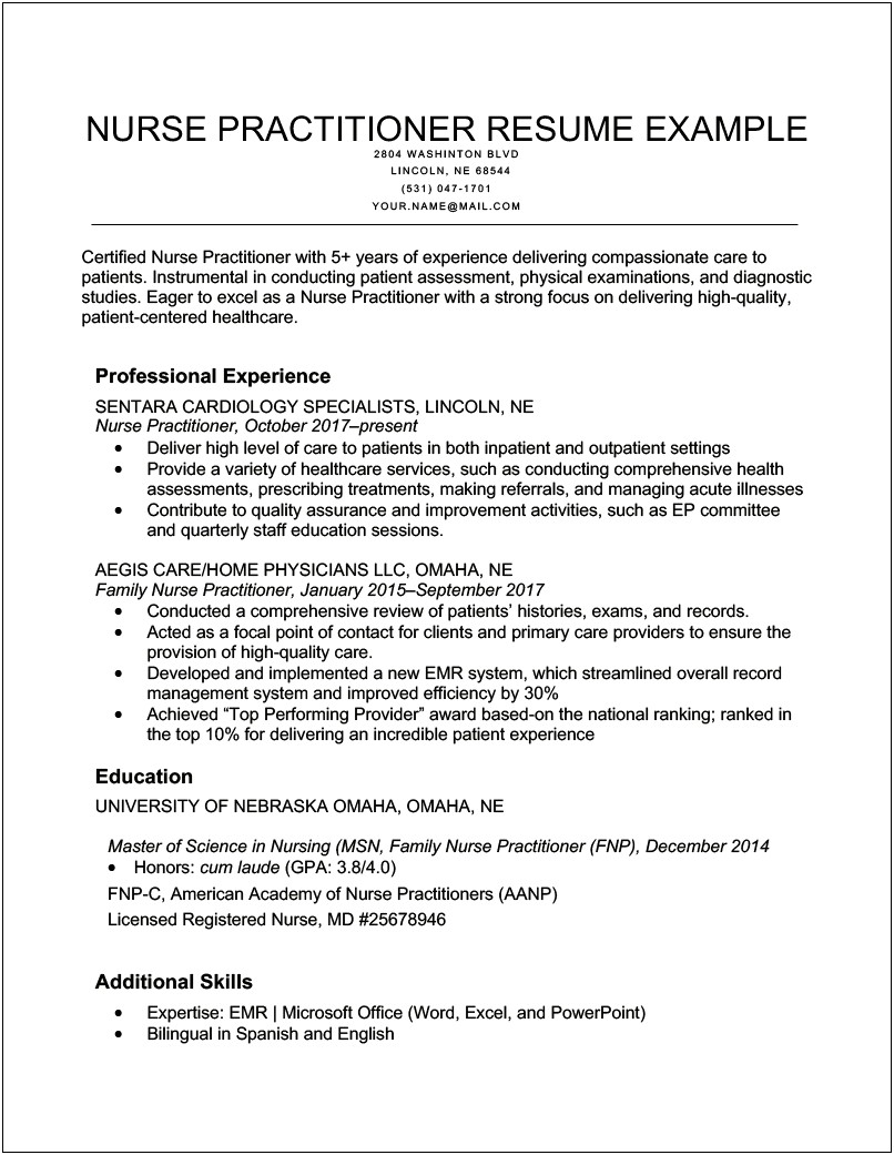 Critical Care Nurse Practitioner Description Resume
