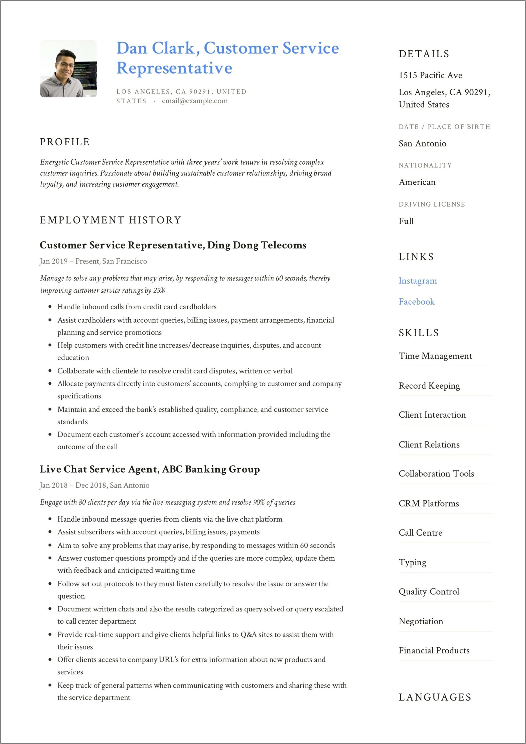 Crm Customer Service Resume Examples