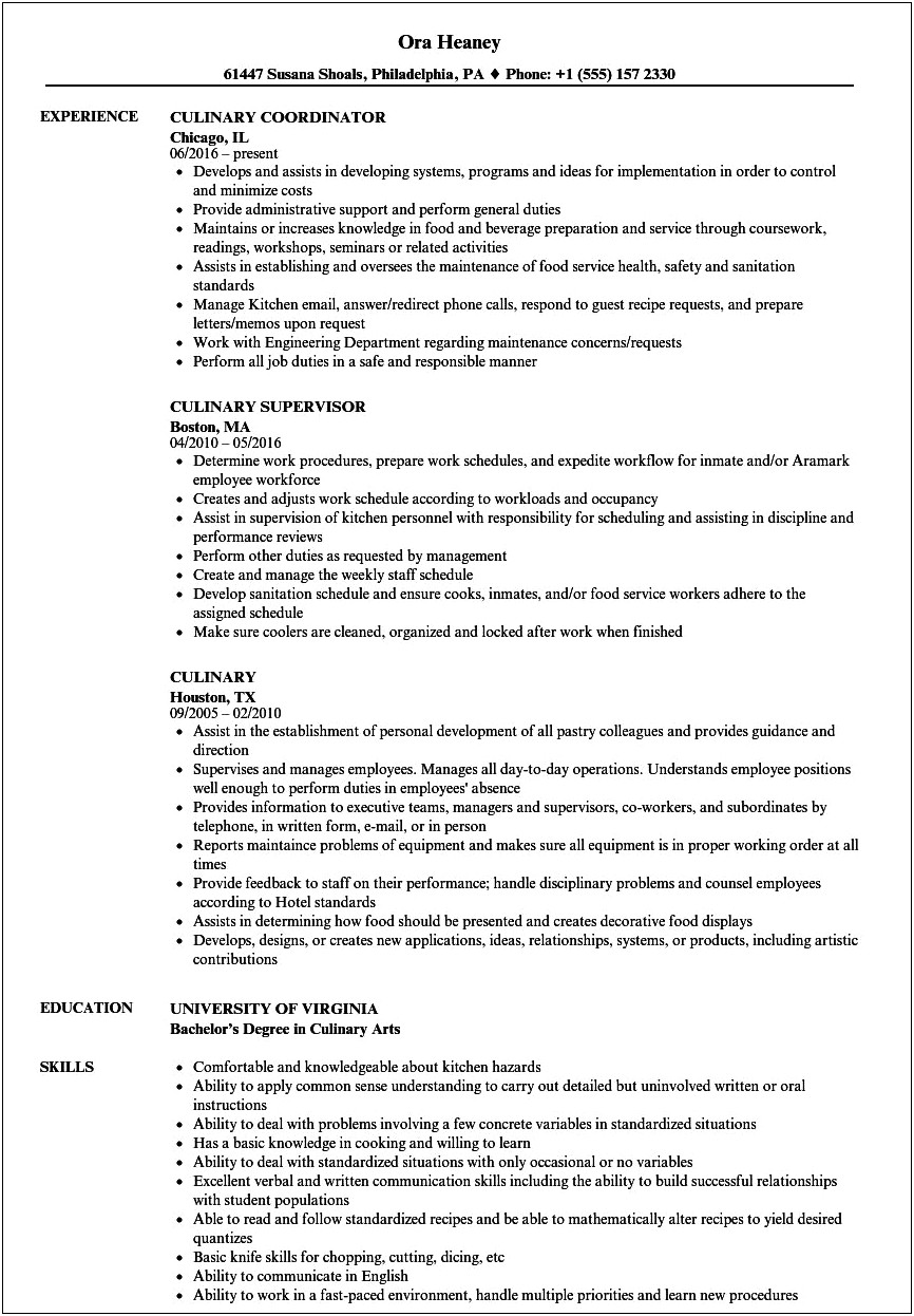 Culinary Arts Student Resume Objective