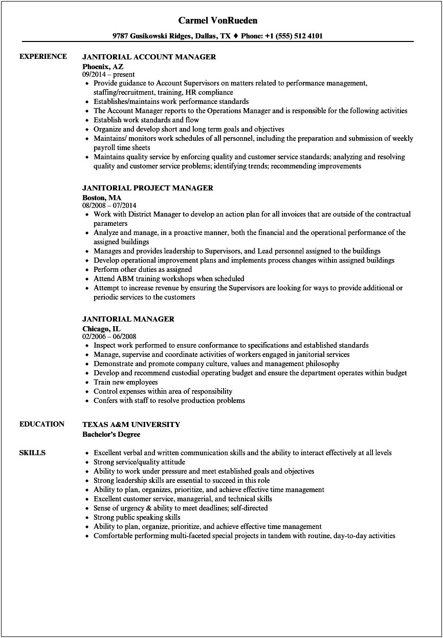 Custodian Supervisor Job Description For Resume