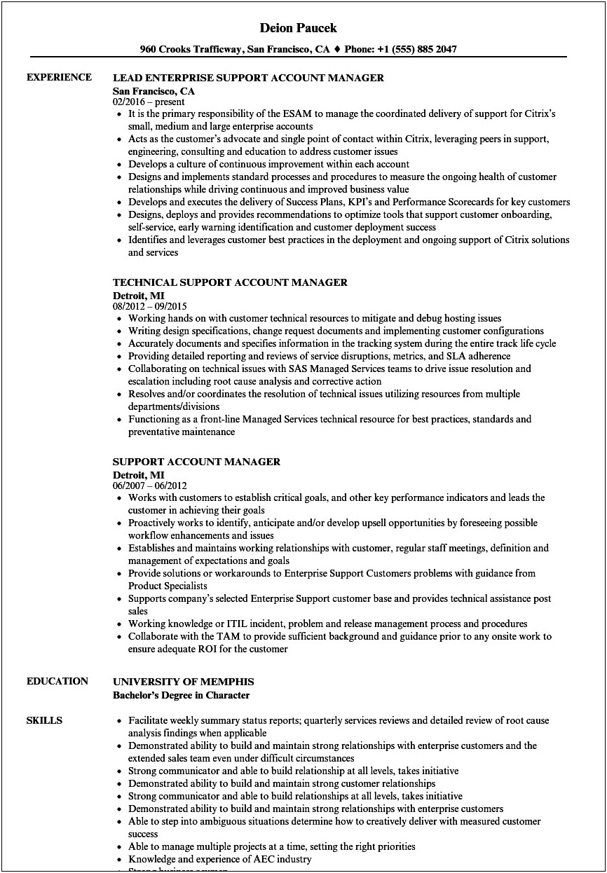 Customer Account Manager Resume Sample