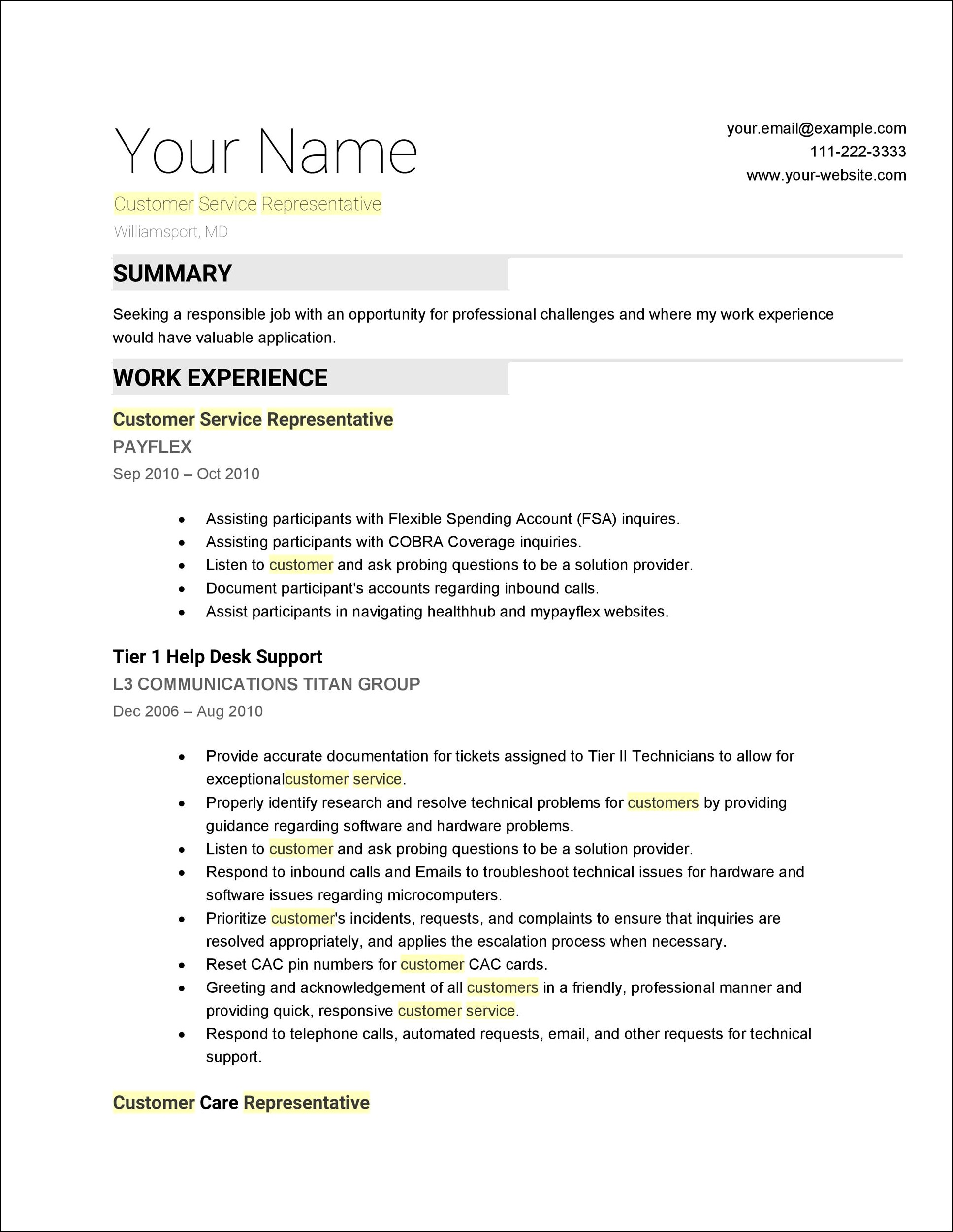 Customer Care Associate Resume Example
