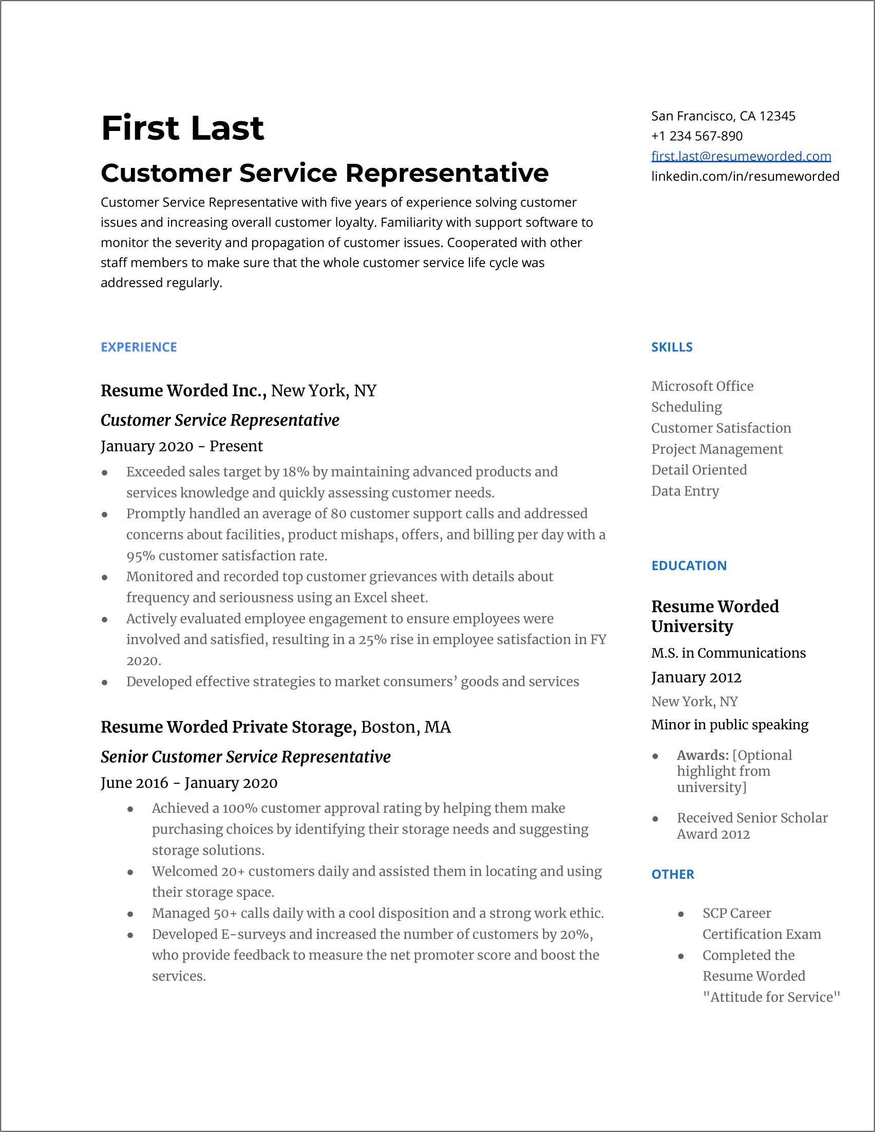 Customer Care Service Resume Samples