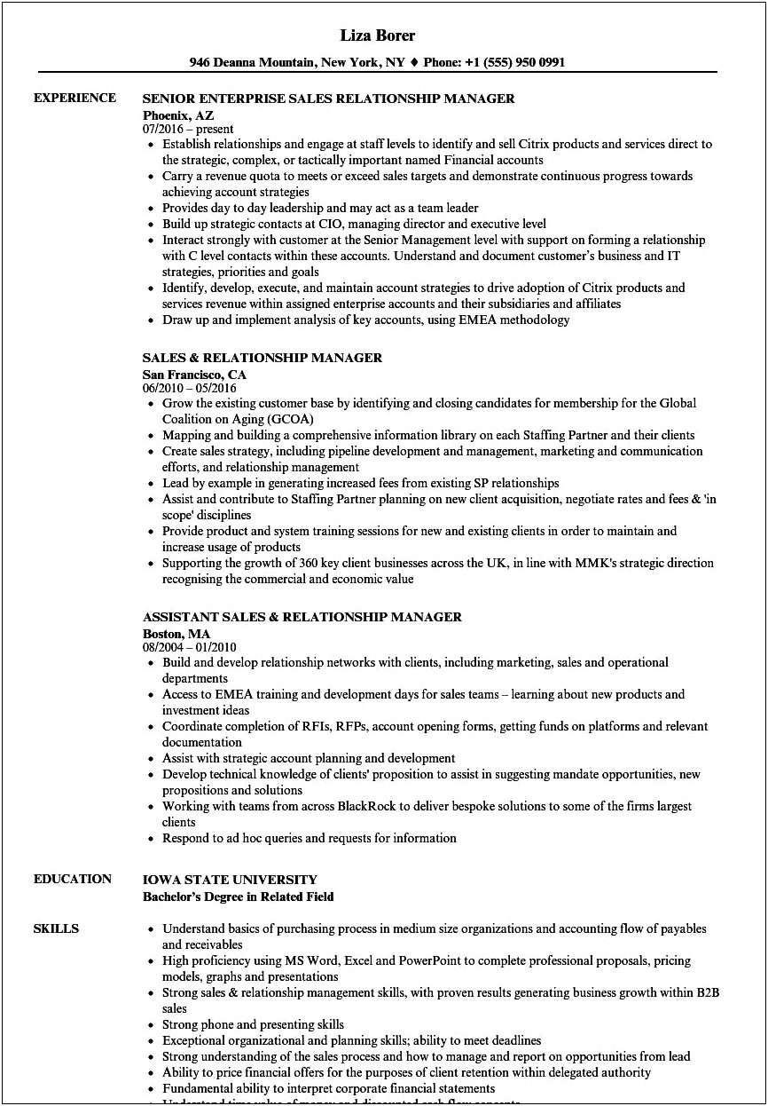 Customer Relations Manager Resume Examples