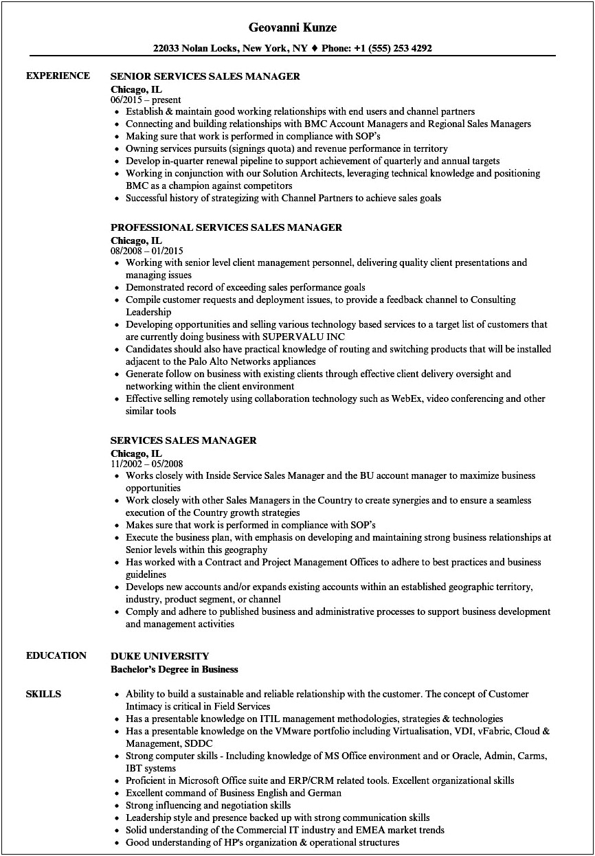 Customer Service And Sales Manager Resume