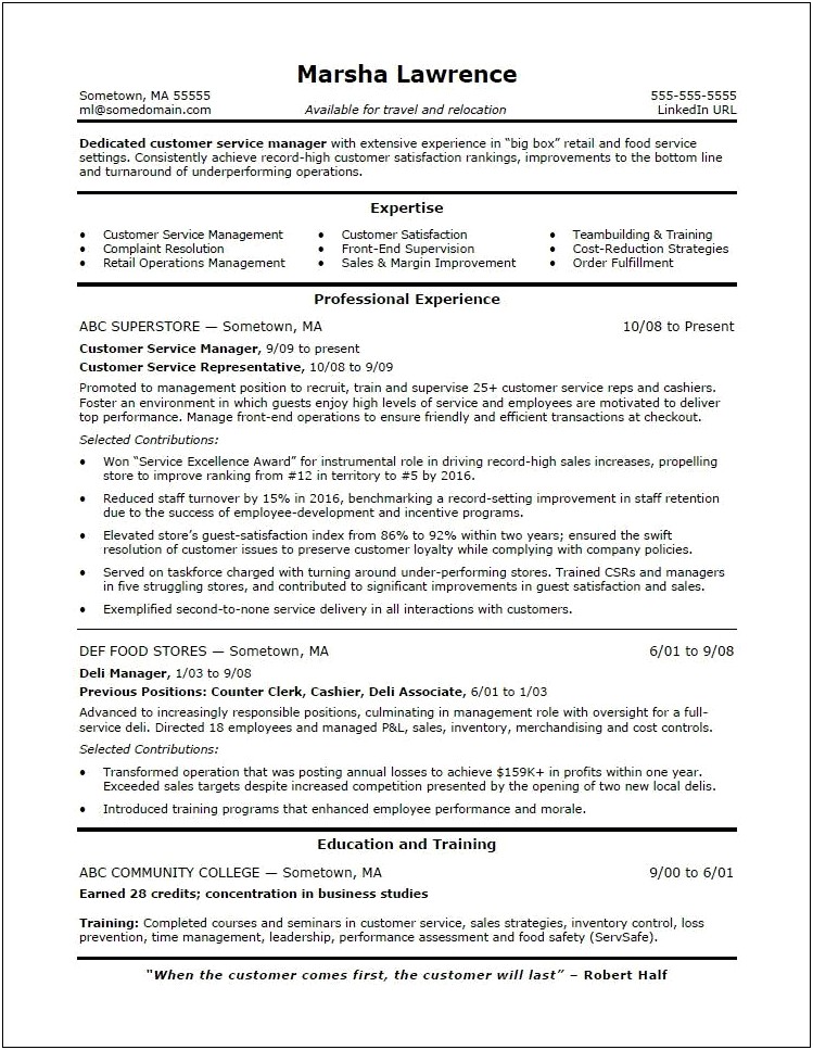 Customer Service Assistant Manager Resume