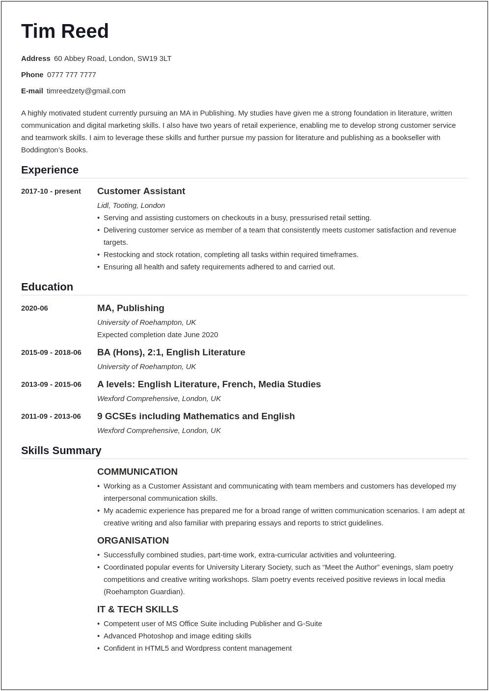 Customer Service Bookseller Resume Example