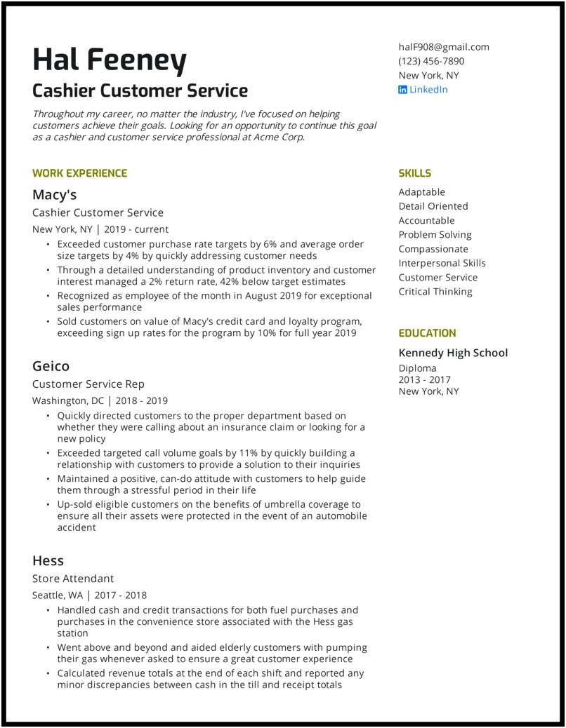 Customer Service Cashier Resume Objective