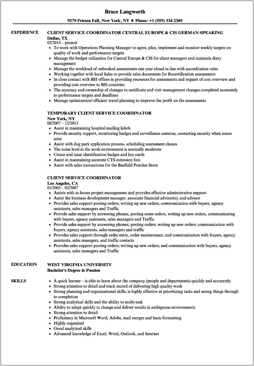 Customer Service Coordinator Job Description Resume