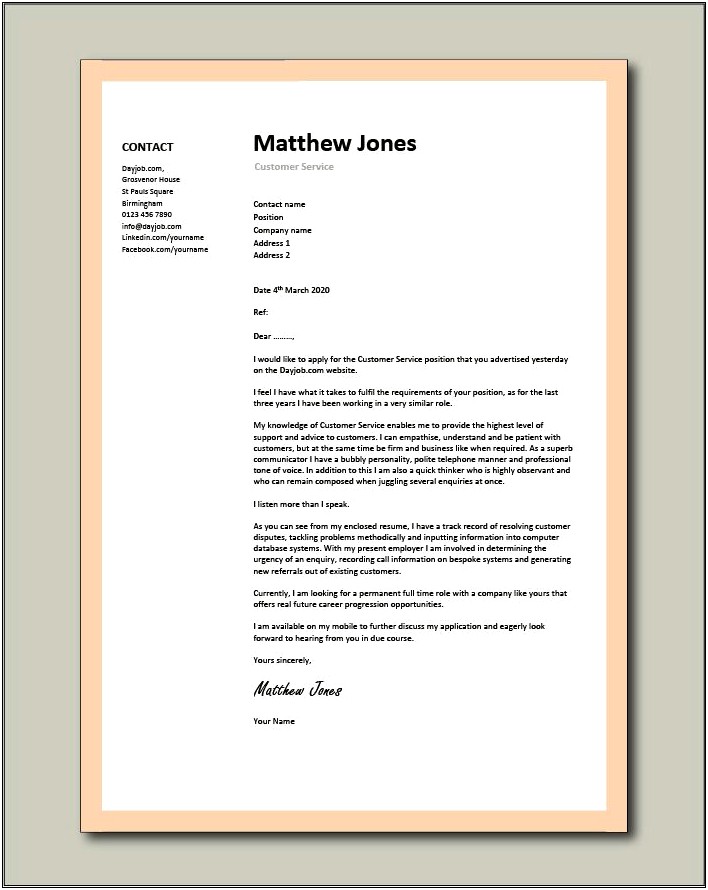 Customer Service Cover Letter Resume Example