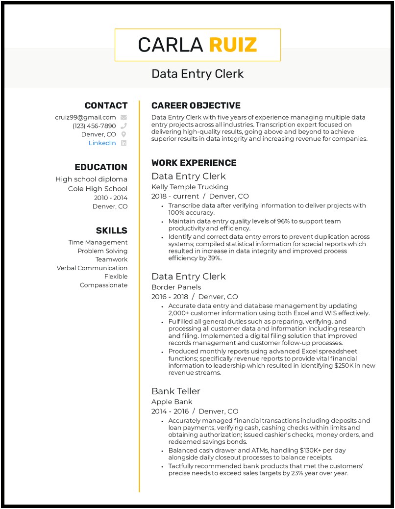 Customer Service Data Entry Sales Sample Resume