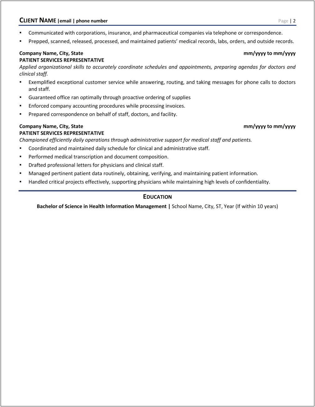 Customer Service Health Care Resume Examples