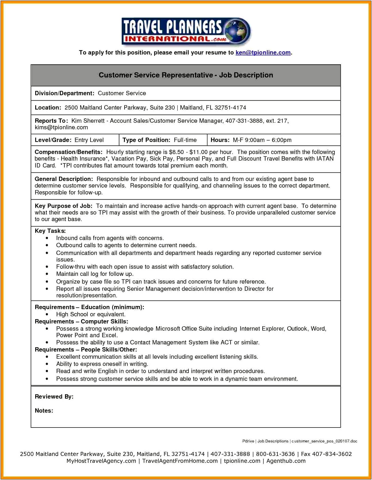 Customer Service Health Insurance Job Description For Resume