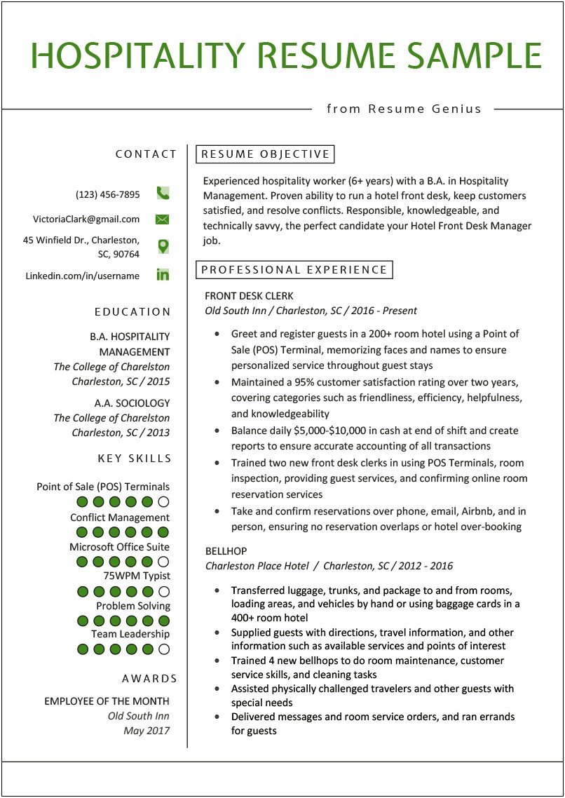 Customer Service Hotel Resume Templates For Free