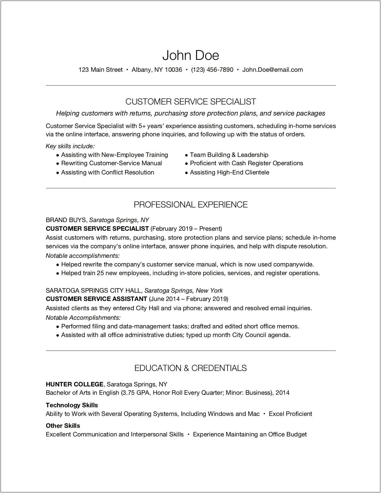 Customer Service Job Responsibilities Resume