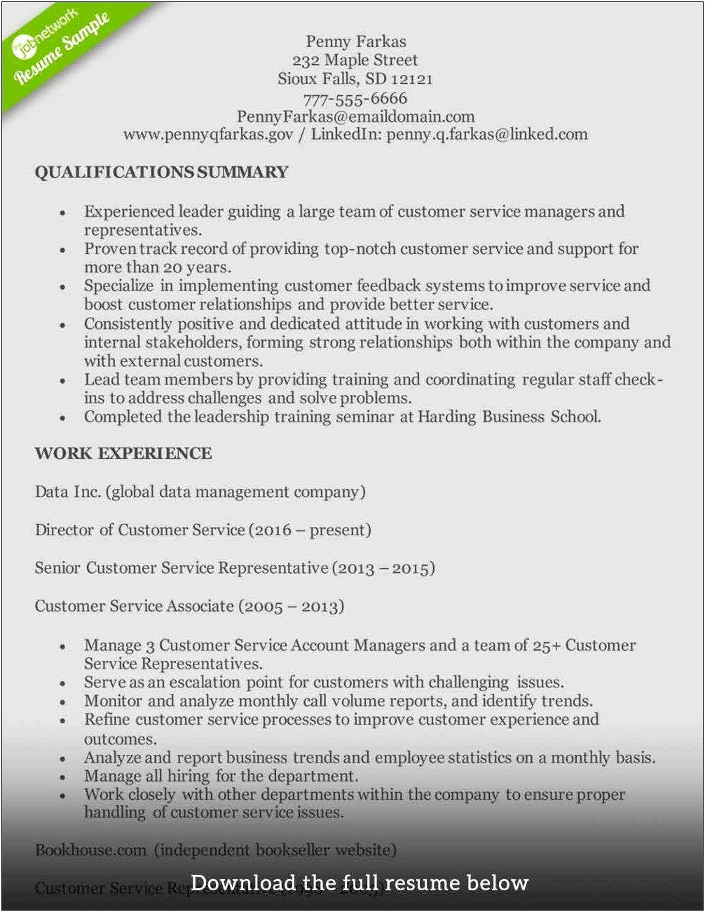 Customer Service Job Summary Statement For Resume