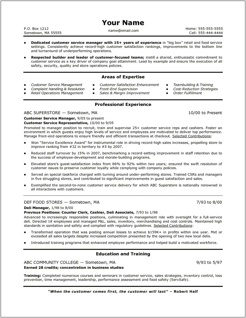 Customer Service Manager Professional Resume