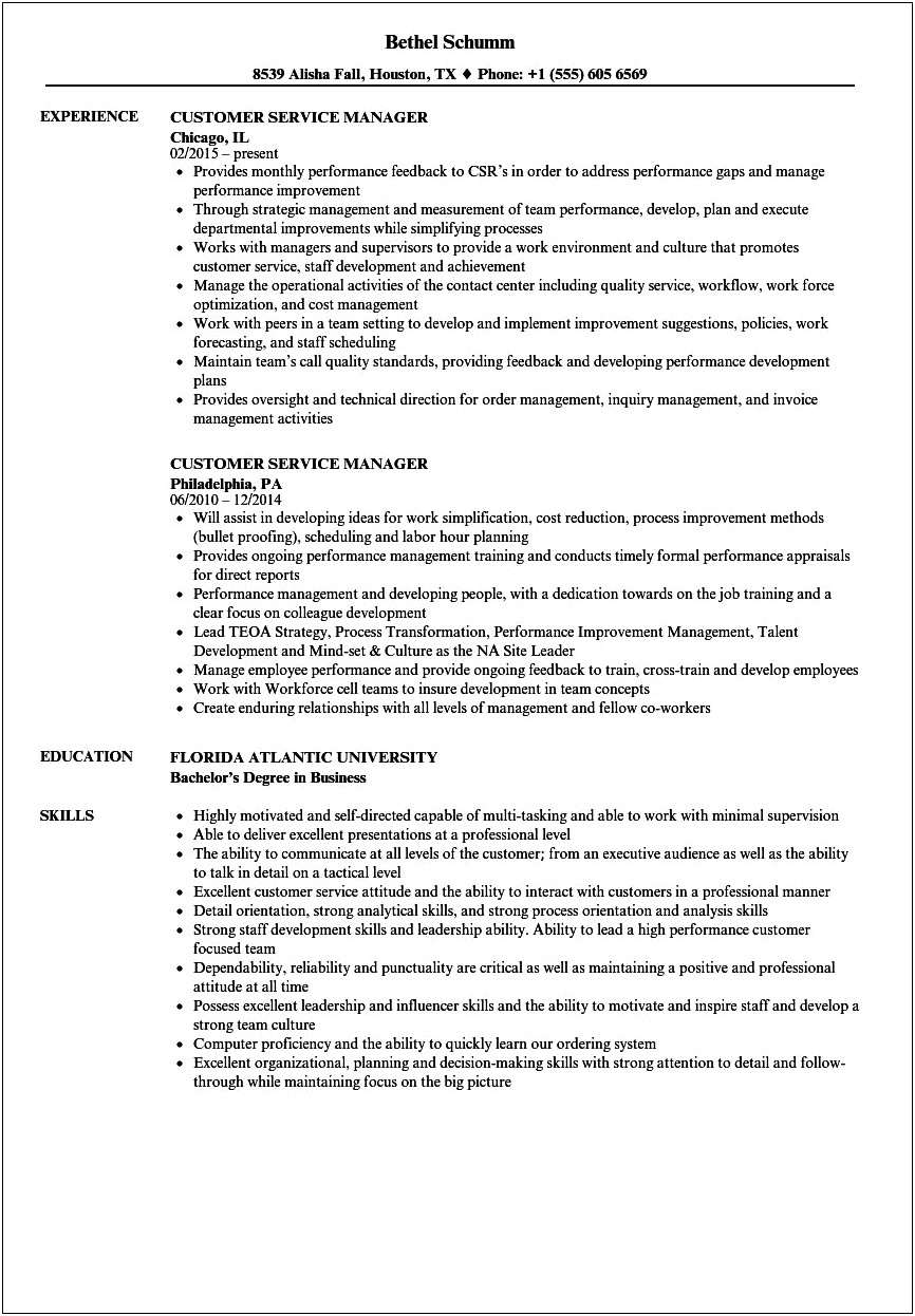 Customer Service Manager Resume Objective