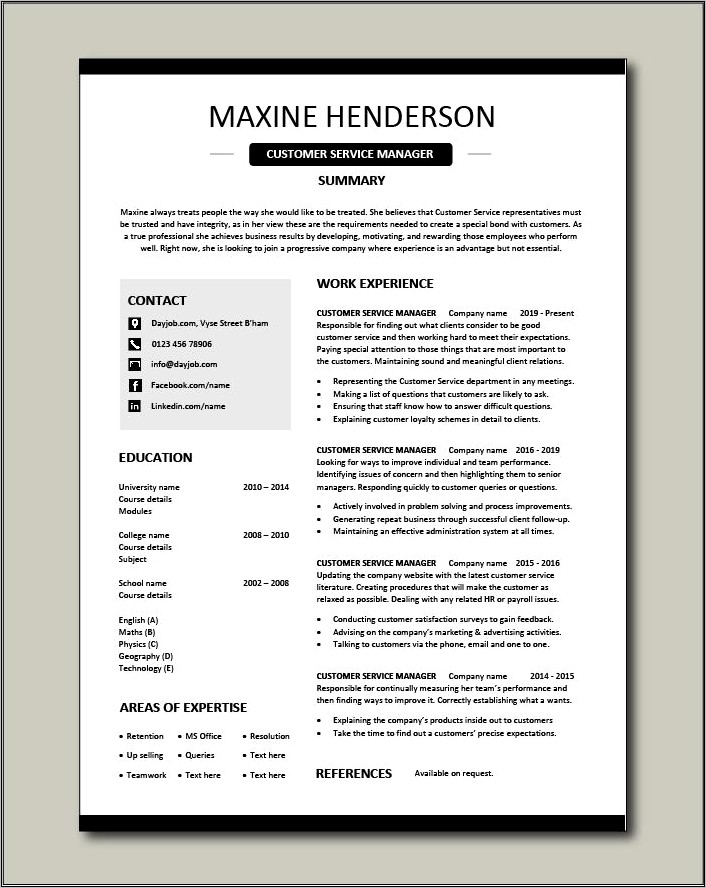 Customer Service Manager Resume Word