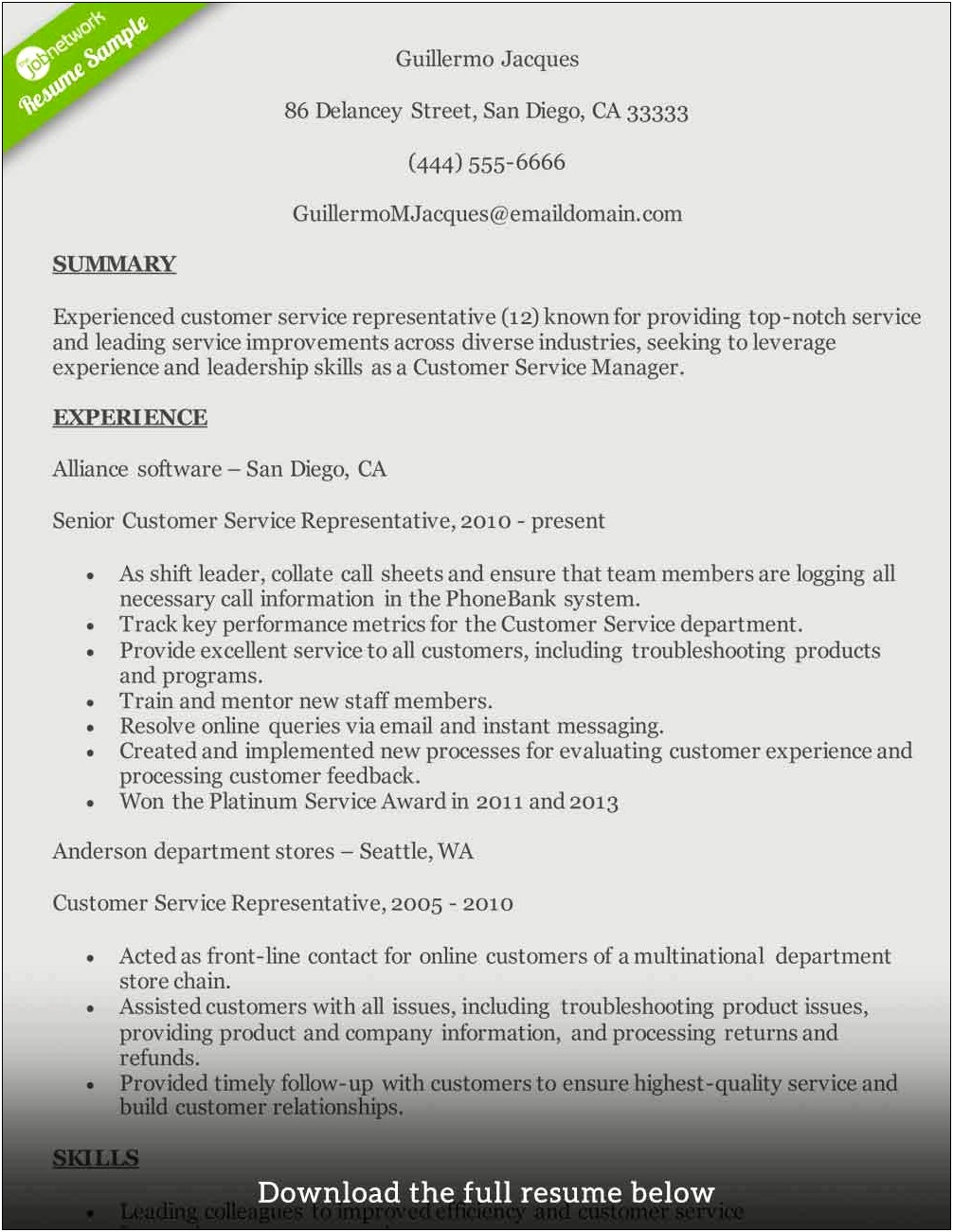Customer Service Manager Sentence Resume