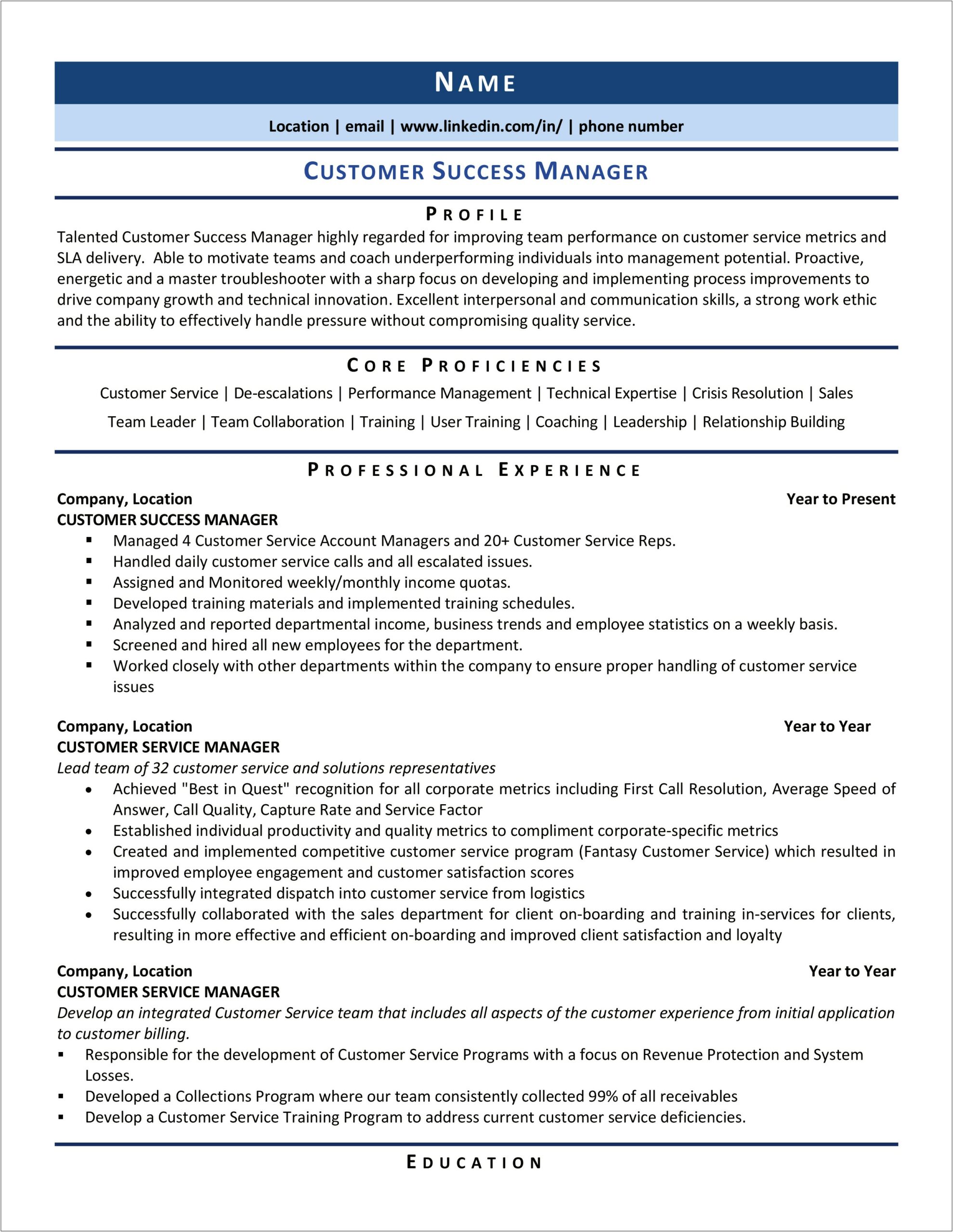 Customer Service Manager Skills Resume