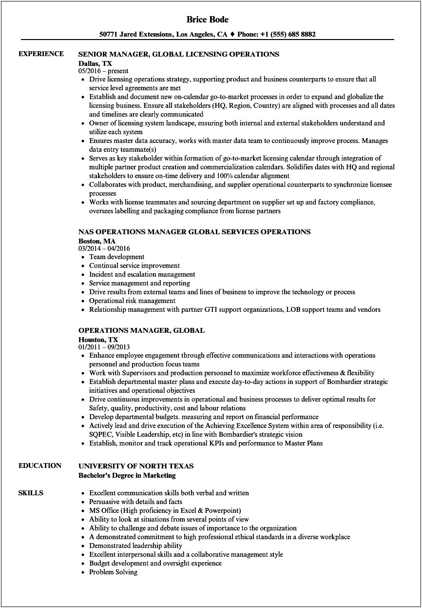 Customer Service Operations Manager Resume