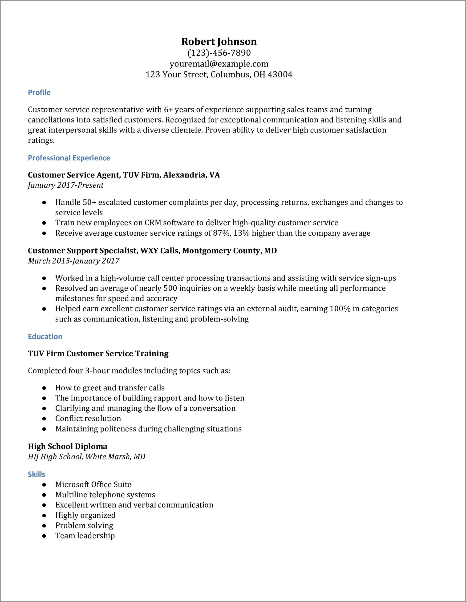 Customer Service Professional Profile Examples For Resume