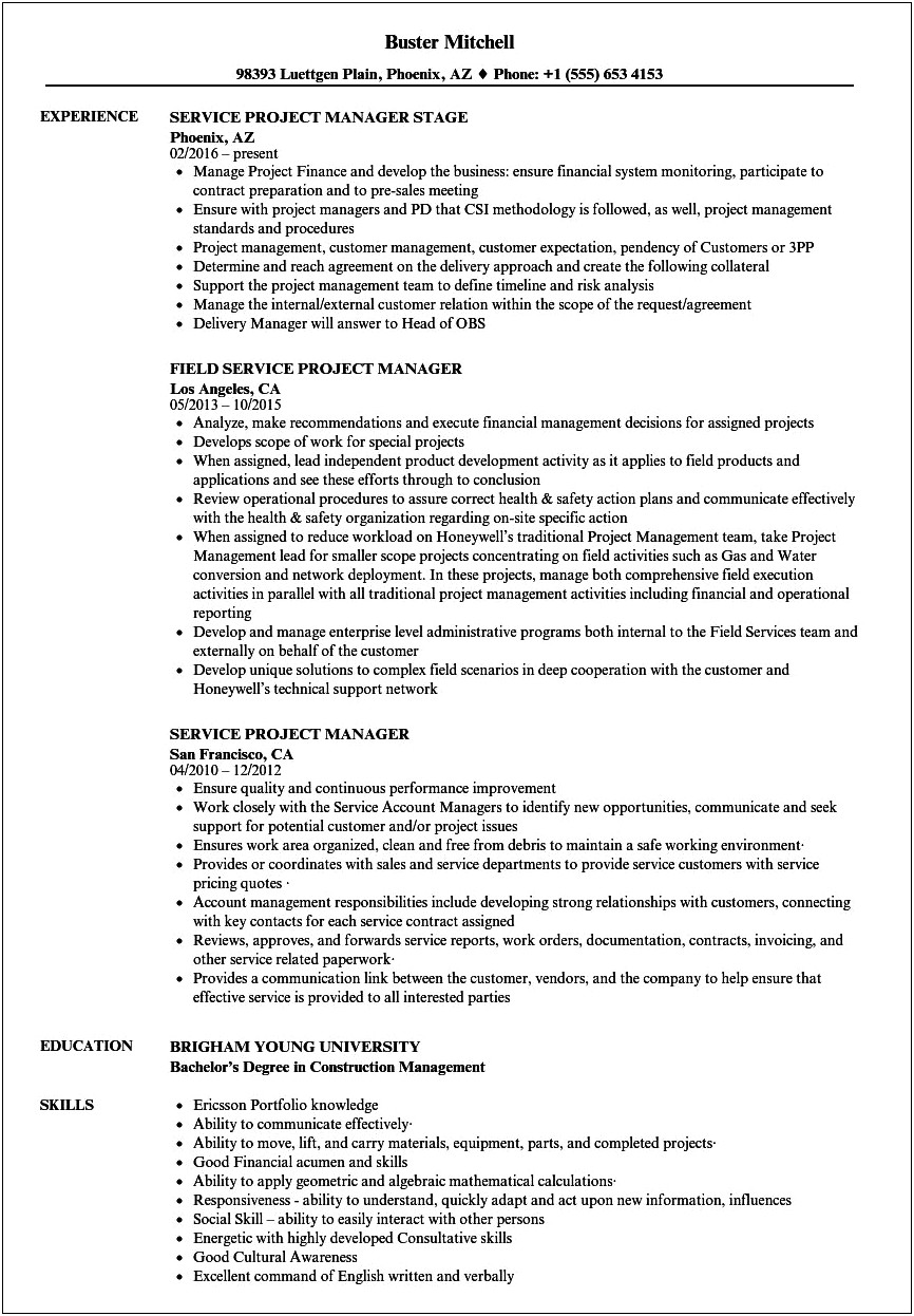 Customer Service Project Management Resume