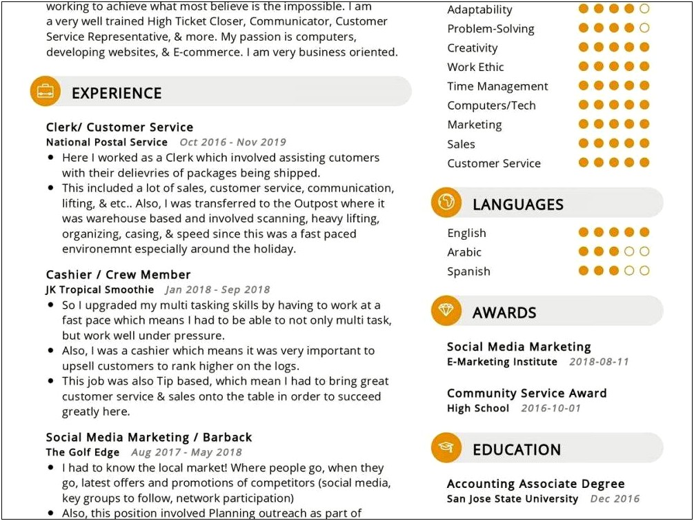 Customer Service Resume Description Of Work Example