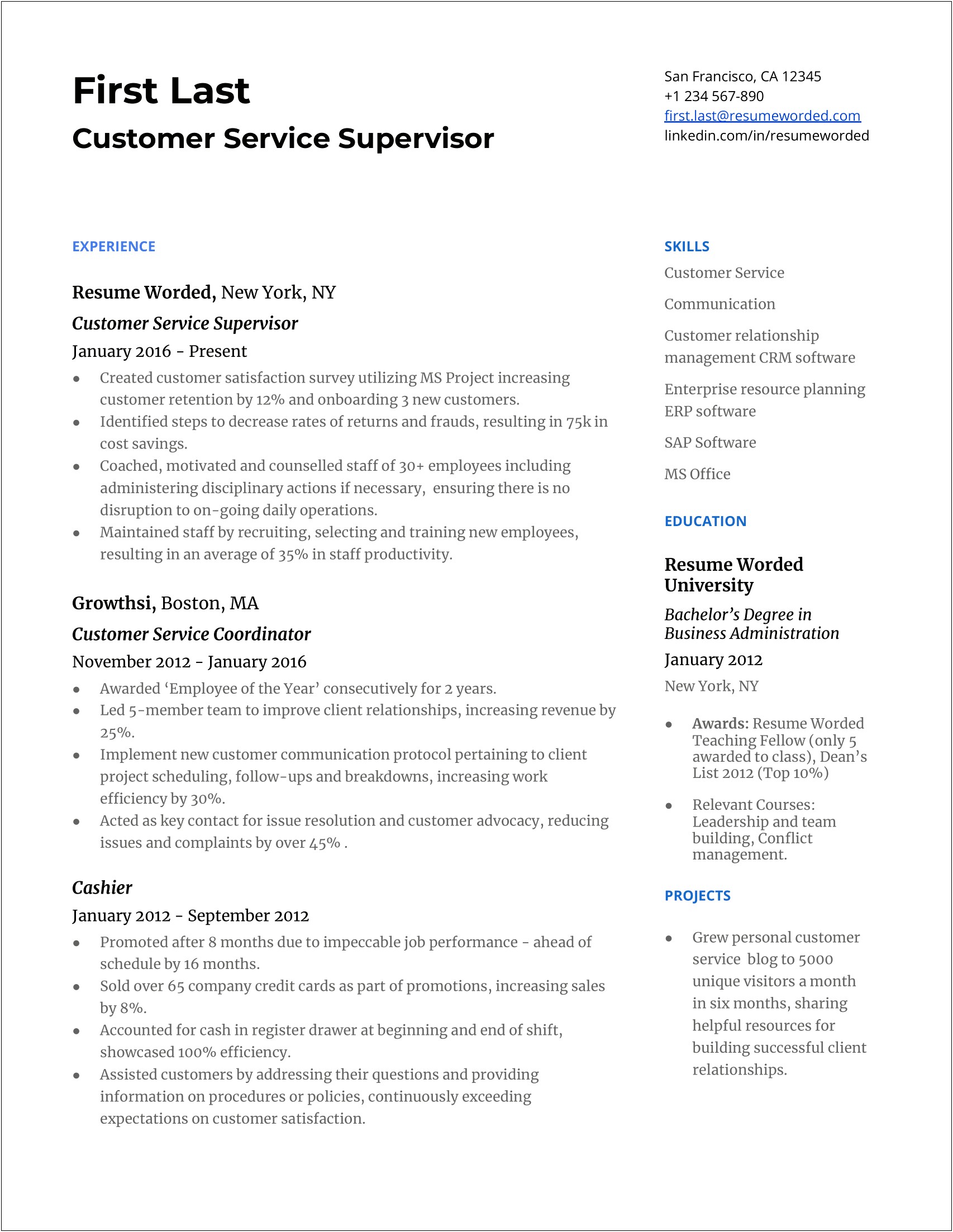 Customer Service Resume Example With Achievements