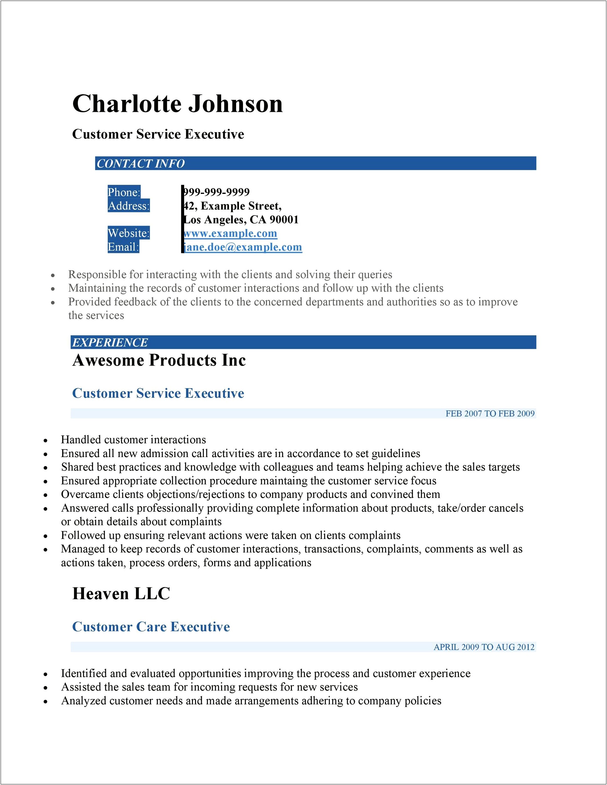 Customer Service Resume Examples Word