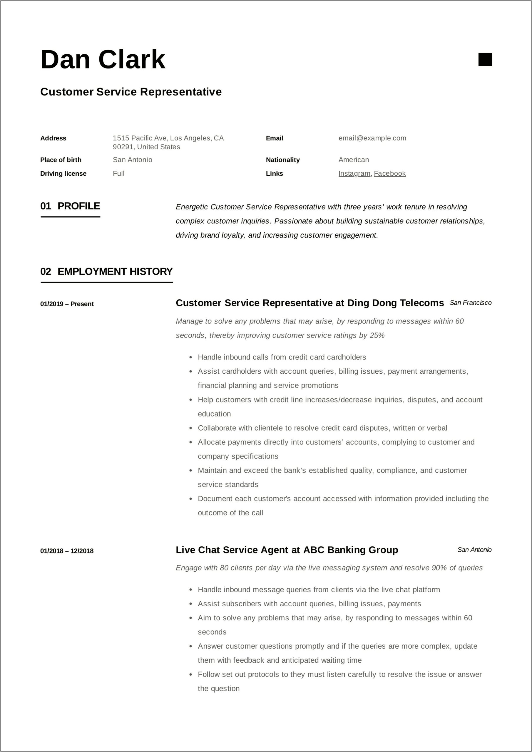 Customer Service Resume Profiles Examples