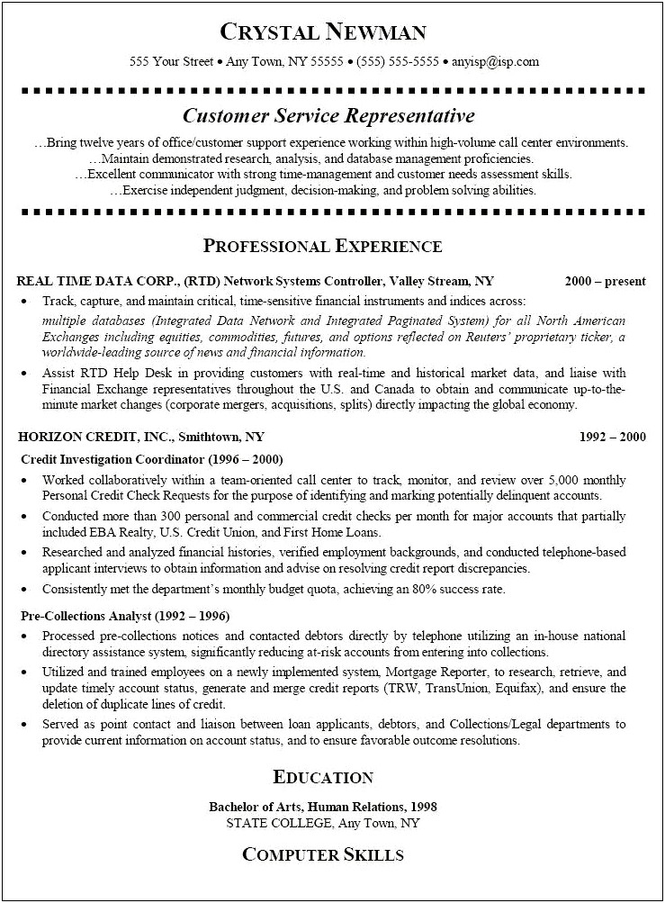 Customer Service Resume Work Experience Examples