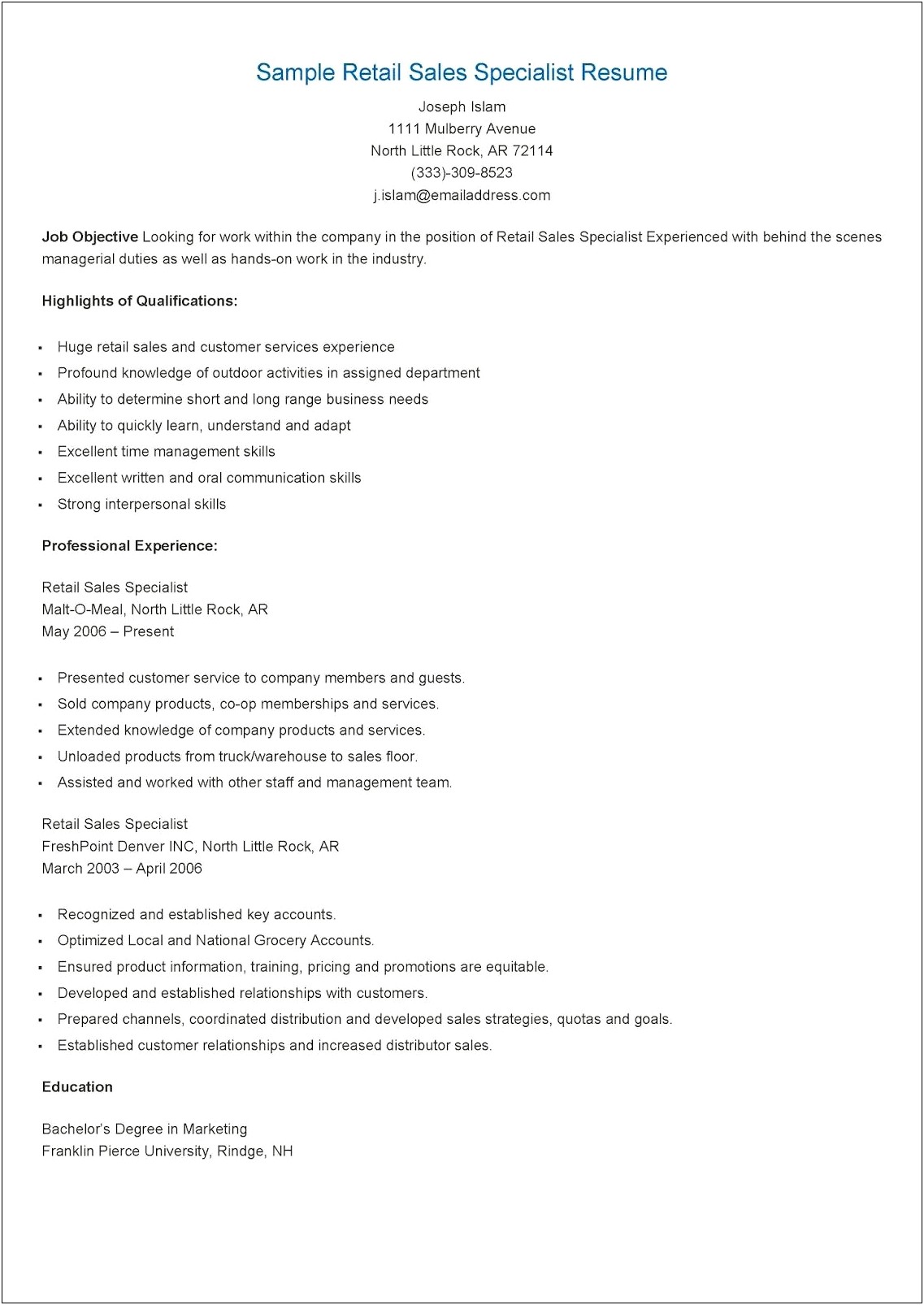 Customer Service Retail Job Description Resume