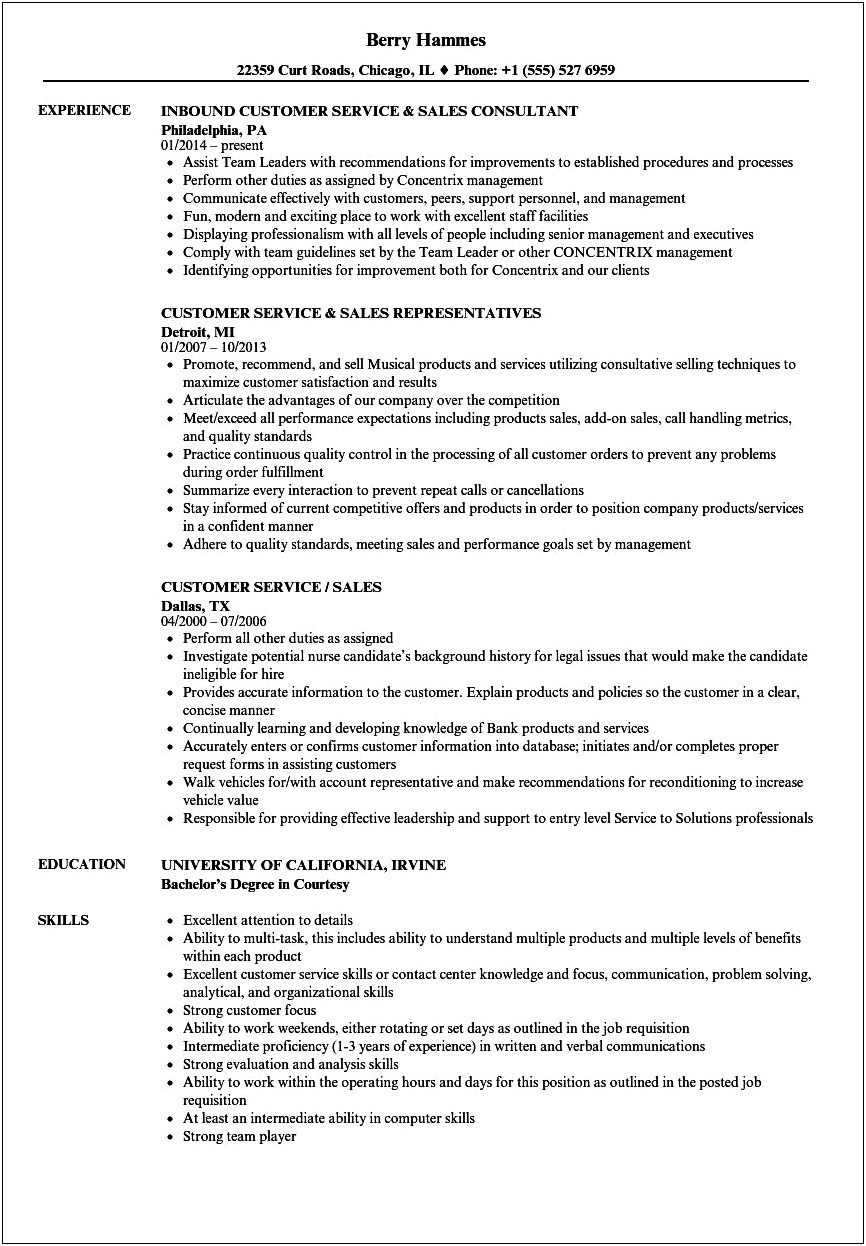 Customer Service Sales Job Description For Resume