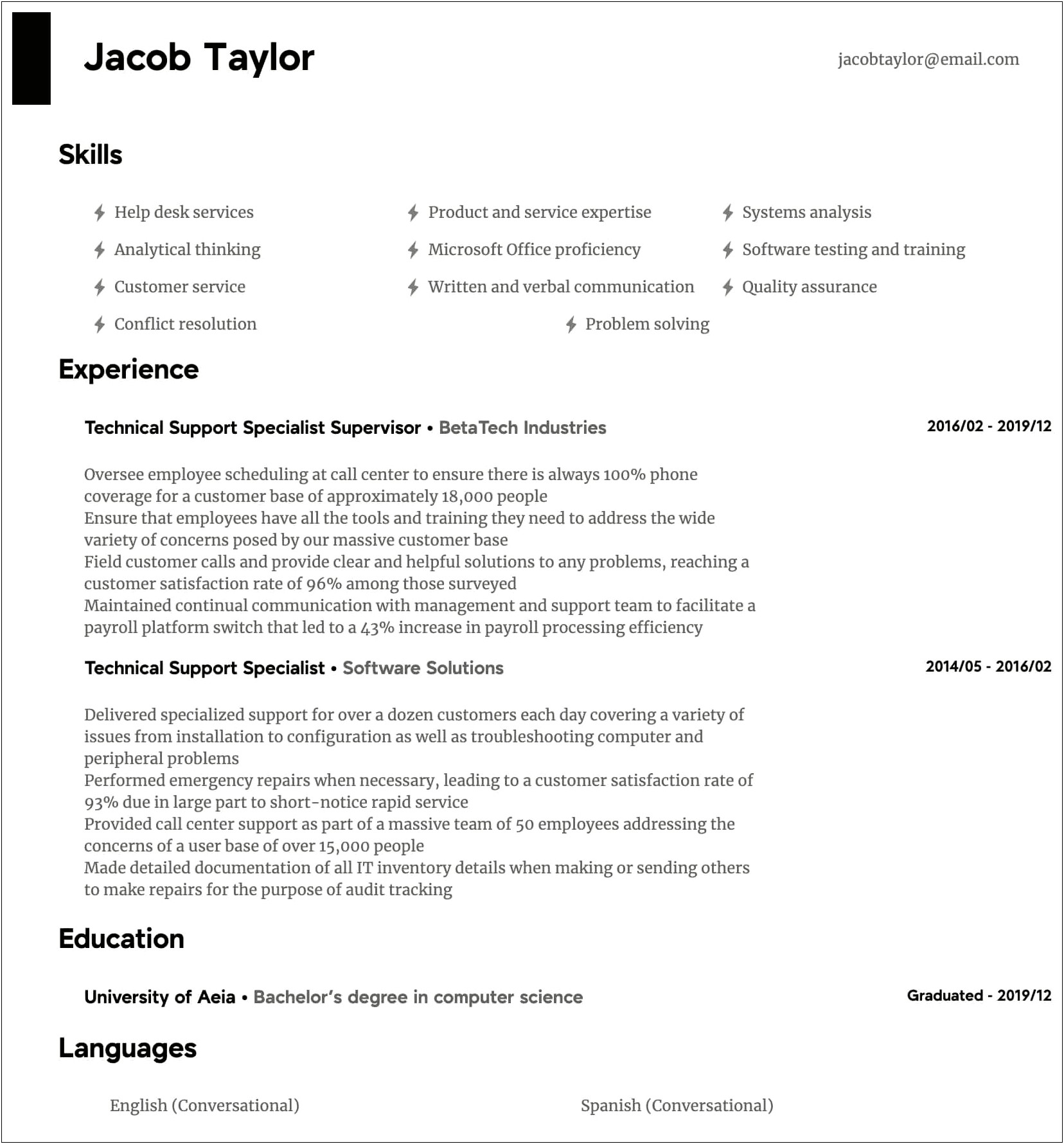 Customer Service Technical Support Sample Resume