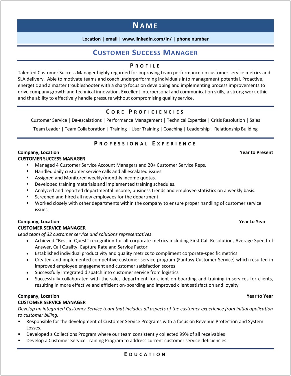 Customer Success Manager Job Description Resume