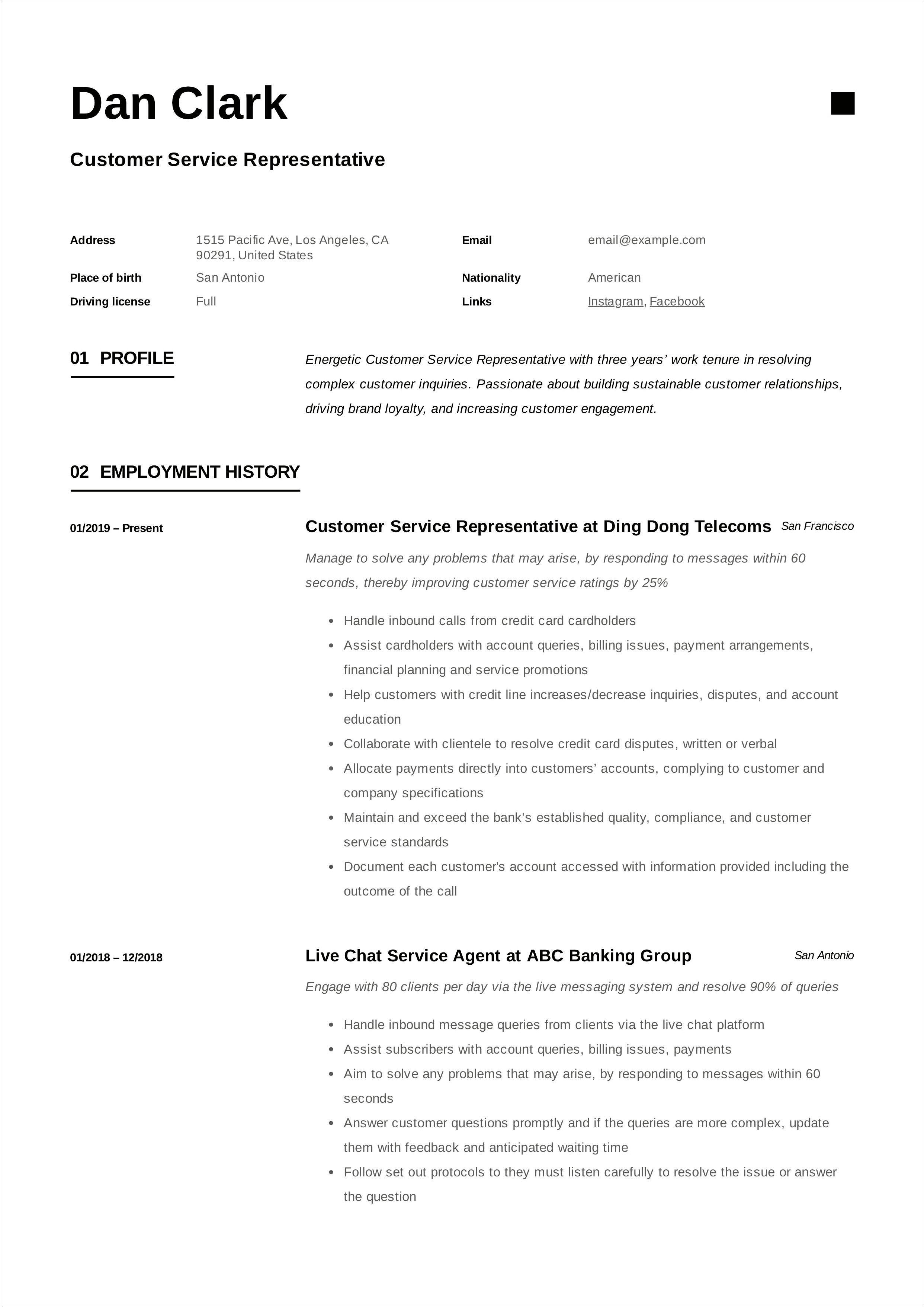 Customer Support Representative Sample Resume