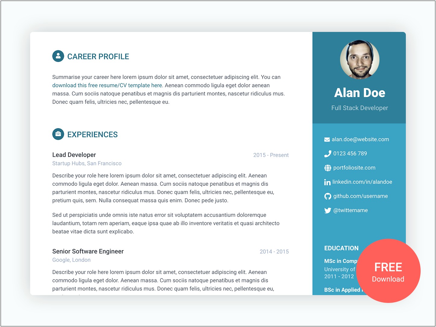 Cv Resume Template Bootstrap Free