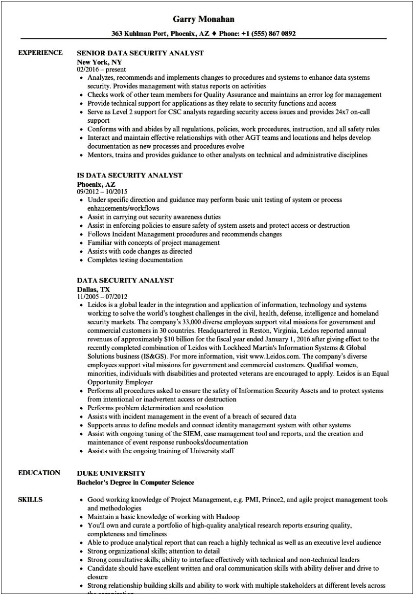 Cyber Security Analyst Fresher Resume Sample