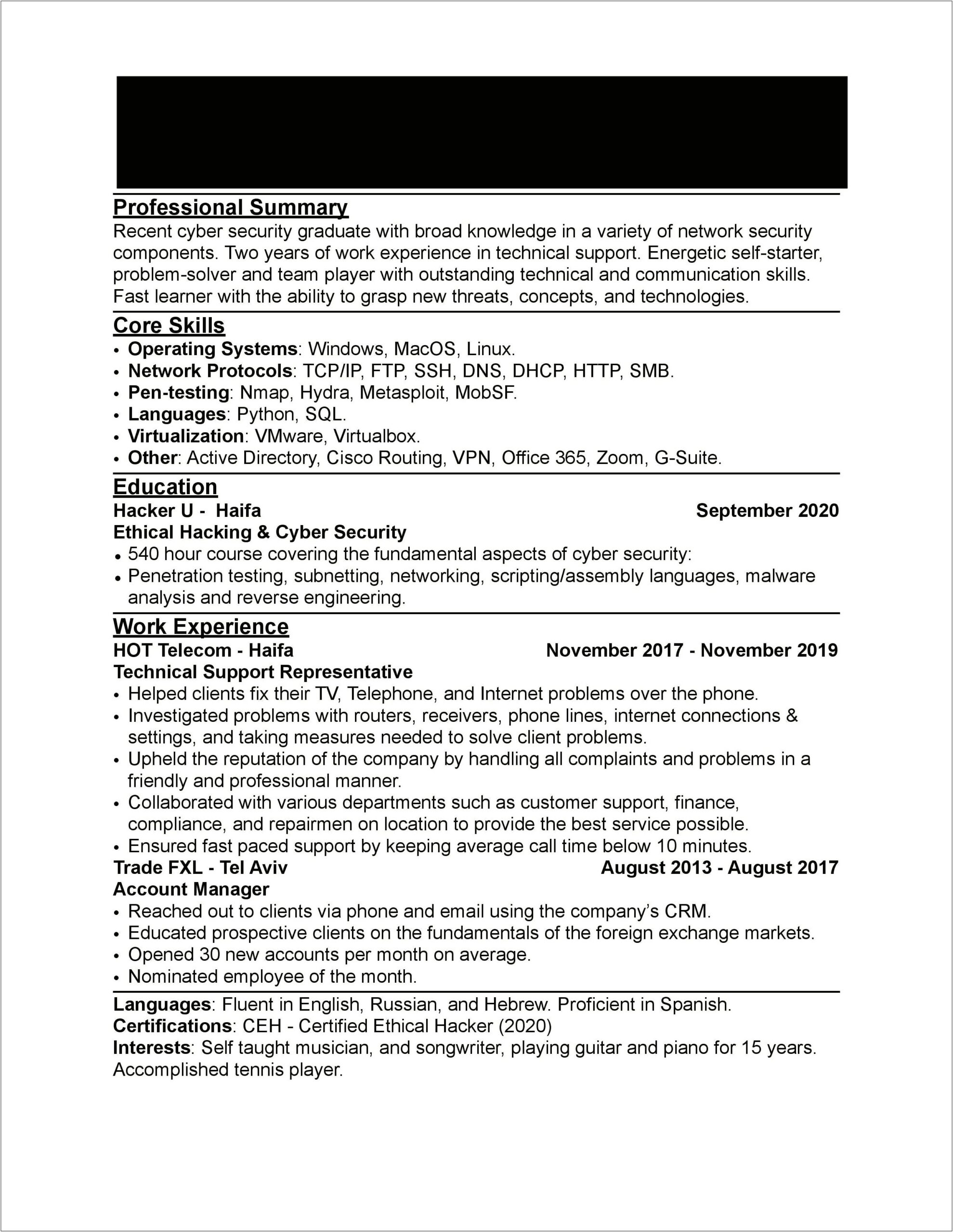 Cyber Security Graduate Resume No Experience